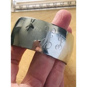Vtg Pewter Bangle bracelet Glossy Monogrammed CHB stamped 6 Cuff 1" wide